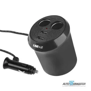 PUNJAČ ZA VOZILO U OBLIKU ČAŠE SA 2 USB 1000 mA ULAZA I 2 ULAZA ZA UPALJAČ 