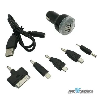 DUPLI USB PUNJAČ ZA KOLA SA 7 ADAPTERA 12/24V 1A+2.1A 