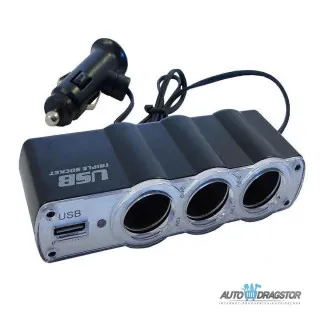 PUNJAČ ZA KOLA SA USB ULAZOM I 3 ULAZA ZA UPALJAČ 