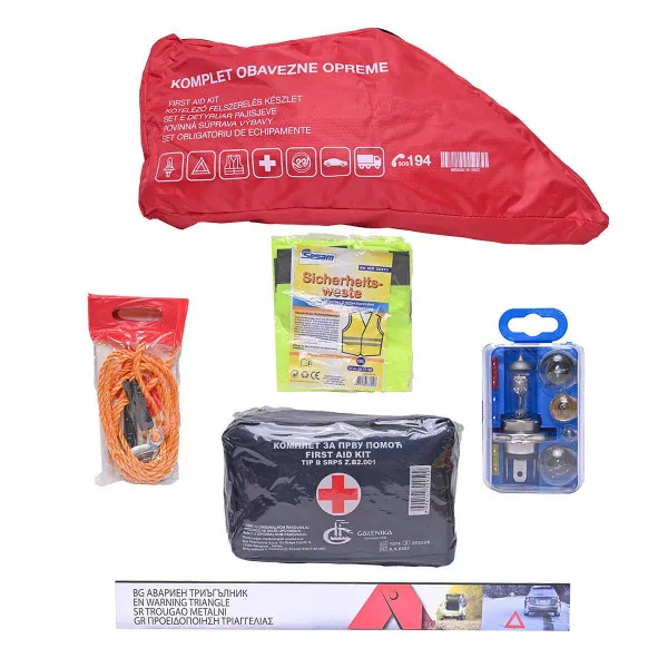 KOMPLET OBAVEZNE OPREME H4 KOMPLET SADRŽI (PRVU POMOĆ,TROUGAO,SIGURNOSNI PRSLUK,KOMPLET SIJALICA H4,UŽE ZA VUČU) 