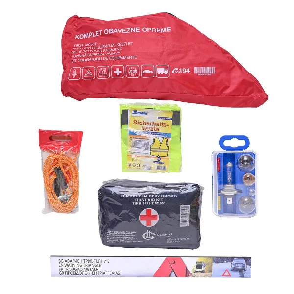 KOMPLET OBAVEZNE OPREME H7 KOMPLET SADRŽI (PRVA POMOĆ,TROUGAO,SIGURNOSNI PRSLUK,KOMPLET SIJALICA H7,UŽE ZA VUČU) 