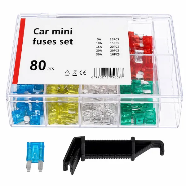 SET OSIGURAČA MINI MIX 80KOM 5Ax10kom/7.5Ax10kom/10Ax20kom/15Ax10kom/20Ax10kom/25Ax10kom/30Ax10kom SA ALATOM ZA VADJENJE 