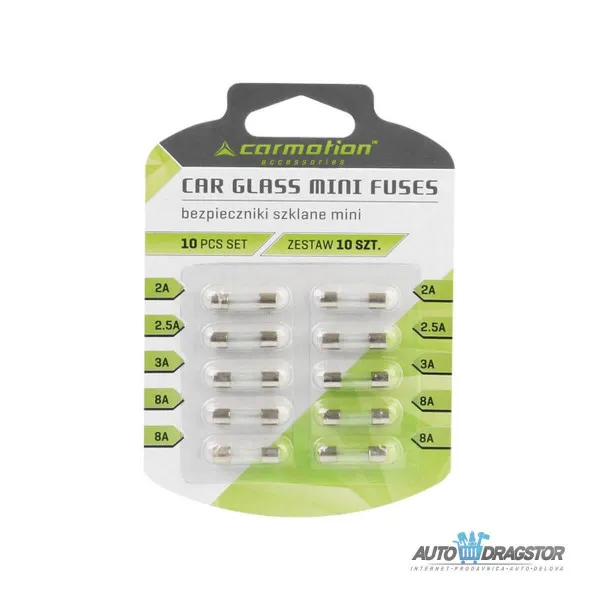 STAKLENI OSIGURAČI 20MM  10KOM  2A - 2 kom 2.5A - 2 kom 3A - 2 kom 8A - 4 kom 