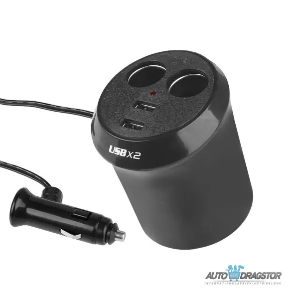 PUNJAČ ZA VOZILO U OBLIKU ČAŠE SA 2 USB 1000 mA ULAZA I 2 ULAZA ZA UPALJAČ 