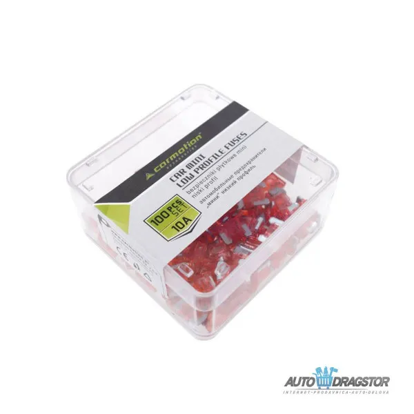 OSIGURAČI 10A 100KOM NISKI PROFIL PLASTIČNA KUTIJA 