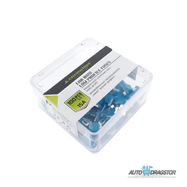 OSIGURAČI 15A 100KOM NISKI PROFIL PLASTIČNA KUTIJA 