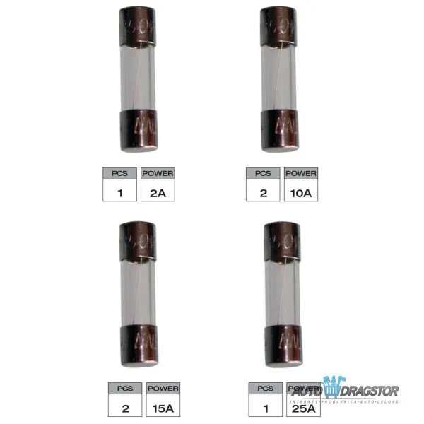 SET STAKLENIH OSIGURAČA 2/10/15/25A 6KOM 