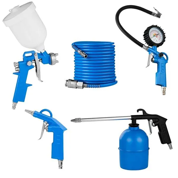 SET ALATA 5u1 (PIŠTOLJ ZA PESKIRANJE,PIŠTOLJ ZA FARBANJE,PIŠTOLJ ZA IZDUVAVANJE,CREVO,POSUDA ZA PODMAZIVANJE) 