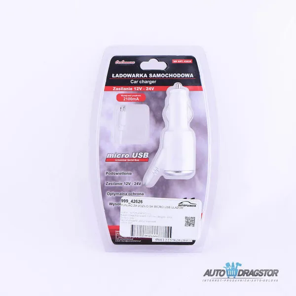 PUNJAČ ZA VOZILO 12/24V ,2,1A SA MICRO USB ULAZOM 