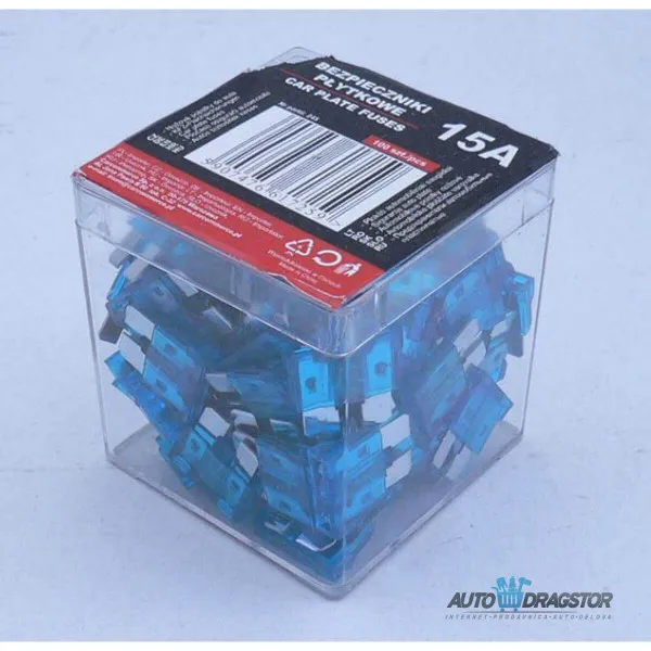 OSIGURAČI 15A 100KOM PLASTIČNA KUTIJA 