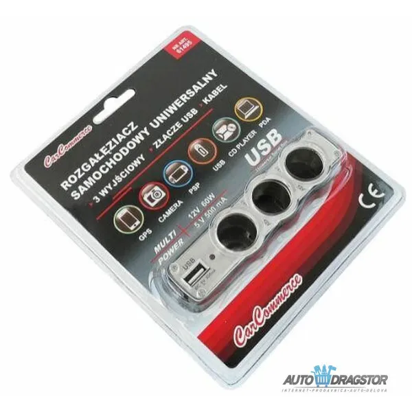 PUNJAČ ZA KOLA SA USB ULAZOM I 3 ULAZA ZA UPALJAČ 