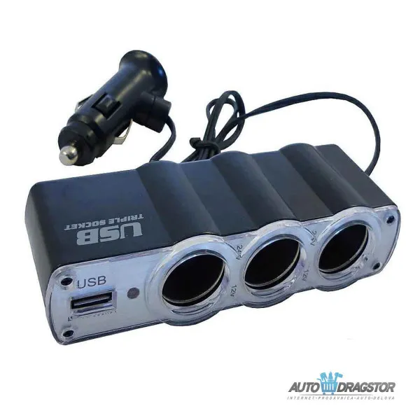 PUNJAČ ZA KOLA SA USB ULAZOM I 3 ULAZA ZA UPALJAČ 