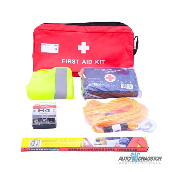 KOMPLET OBAVEZNE OPREME (PRVA POMOĆ,TROUGAO,REFLEKTUJUĆI PRSLUK,KOMPLET SIJALICA H4,UŽE ZA VUČU) 