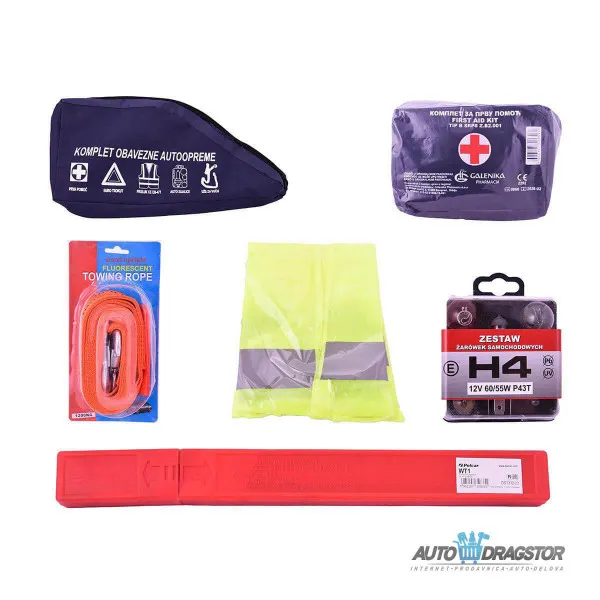 KOMPLET OBAVEZNE OPREME (PRVA POMOĆ,TROUGAO,REFLEKTUJUĆI PRSLUK,KOMPLET SIJALICA H4,UŽE ZA VUČU) 