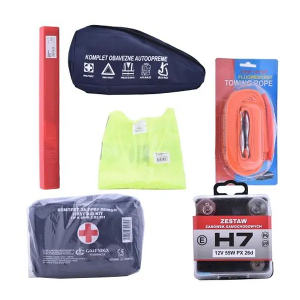 KOMPLET OBAVEZNE OPREME (PRVA POMOĆ,TROUGAO,REFLEKTUJUĆI PRSLUK,KOMPLET SIJALICA H7,UŽE ZA VUČU) 
