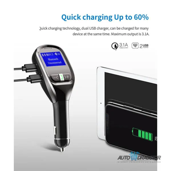 FM PREDAJNIK (TRANSMITER), USB PUNJAČ, 2 USB ULAZA, BLUETOOTH 5.0, MP3/WMA 