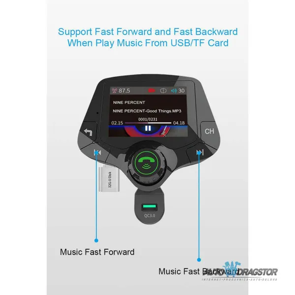 FM PREDAJNIK (TRANSMITER), 2 USB ULAZA,PUNJAČ ZA BRZO PUNJENJE, BLUETOOTH 5.0,MP3/WMA/WAV 