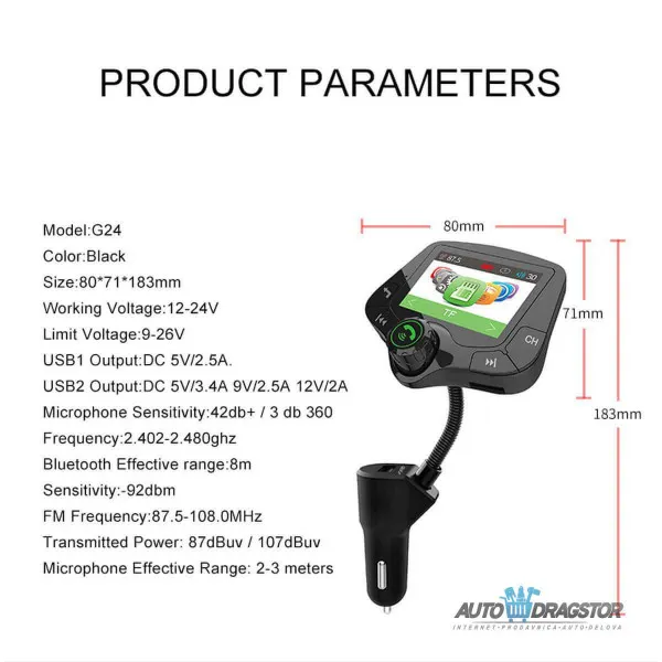 FM PREDAJNIK (TRANSMITER), 2 USB ULAZA,PUNJAČ ZA BRZO PUNJENJE, BLUETOOTH 5.0,MP3/WMA/WAV 