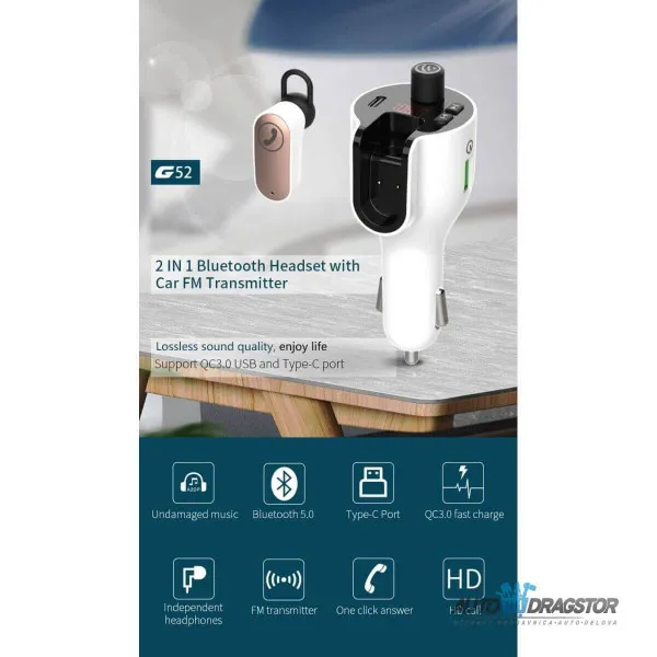 FM PREDAJNIK (TRANSMITER), USB PUNJAČ, 2 USB ULAZA (QC3.0/TIP C), SLUŠALICE, BLUETOOTH 5.0, MP3/WMA 