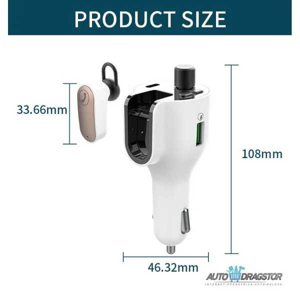 FM PREDAJNIK (TRANSMITER), USB PUNJAČ, 2 USB ULAZA (QC3.0/TIP C), SLUŠALICE, BLUETOOTH 5.0, MP3/WMA 