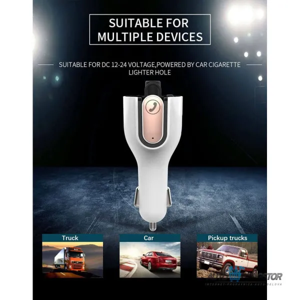 FM PREDAJNIK (TRANSMITER), USB PUNJAČ, 2 USB ULAZA (QC3.0/TIP C), SLUŠALICE, BLUETOOTH 5.0, MP3/WMA 