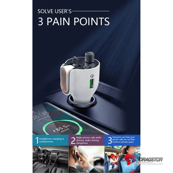 FM PREDAJNIK (TRANSMITER), USB PUNJAČ, 2 USB ULAZA (QC3.0/TIP C), SLUŠALICE, BLUETOOTH 5.0, MP3/WMA 