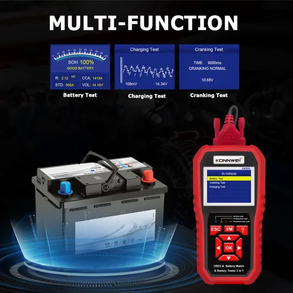3u1 UNIVERZALNI OBD2 DIJAGNOSTIČKI SKENER I AKUMULATOR TESTER SA POVEZIVANJEM NA AKUMULATOR ZA AUTOMOBILE I MOTORE 