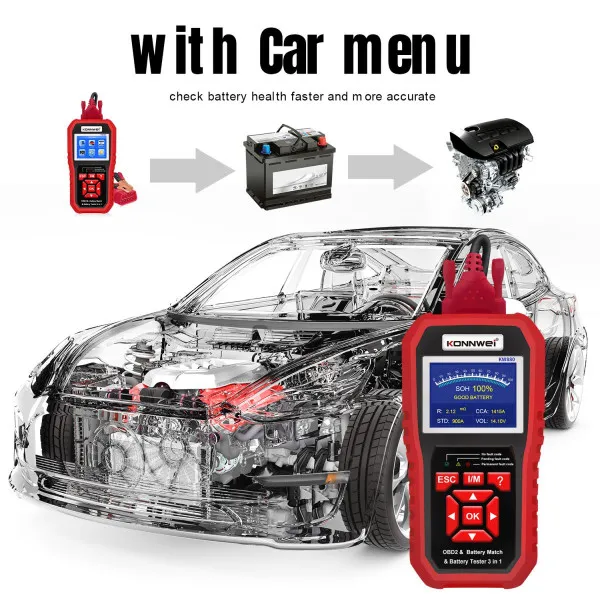 3u1 UNIVERZALNI OBD2 DIJAGNOSTIČKI SKENER I AKUMULATOR TESTER SA POVEZIVANJEM NA AKUMULATOR ZA AUTOMOBILE I MOTORE 