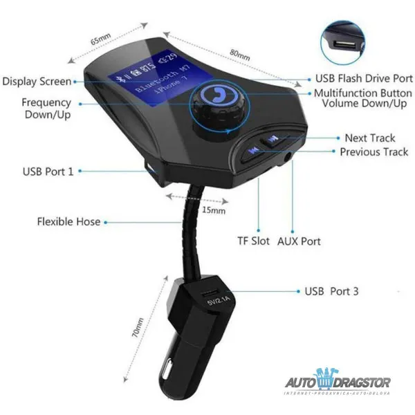 FM PREDAJNIK (TRANSMITER), 3 USB ULAZA, BLUETOOTH 5.0.MP3/WMA 