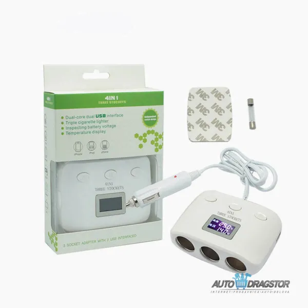 PUNJAČ ZA VOZILO SA 3 ULAZA I 2 USB ULAZA 